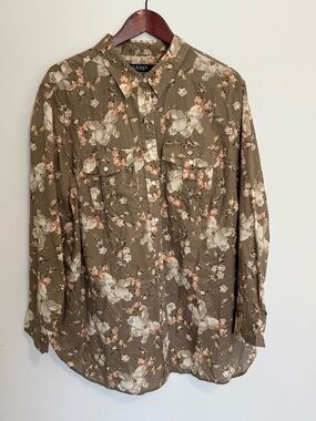 Lauren Ralph Lauren Women's Floral Tan Long Sleeve Blouse Button 2X Lightweight